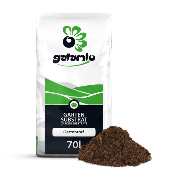 Galamio Gartentorf 70 Liter Sack mit einer Probe Gartensubstrat.