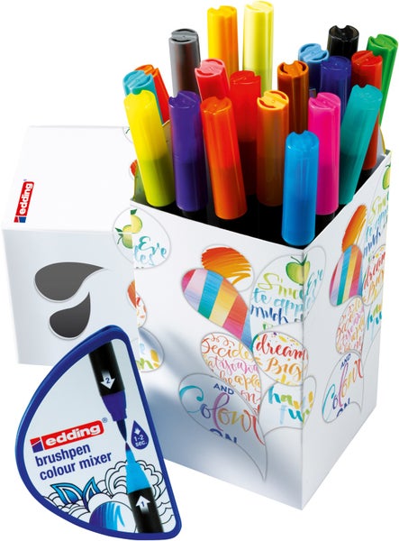 Edding Brushpen Colour Mixer Stifte-Set in einer dekorativen Aufbewahrungsbox für kreatives Handlettering und Malprojekte.