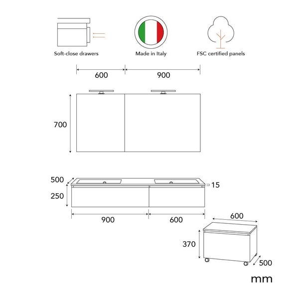 Technische Zeichnung eines Badezimmermöbels mit Maßen, Soft-Close-Auszügen, Herkunft Italien und FSC-zertifizierten Holzwerkstoffen.