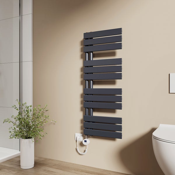 EMKE Elektrischer Handtuchheizkörper 104x40 cm, Design-Paneelheizkörper mit Thermostat & Timer, 400 W, vertikaler Flachheizkörper, Badheizkörper, seitlich offen, für Badezimmer, Anthrazit