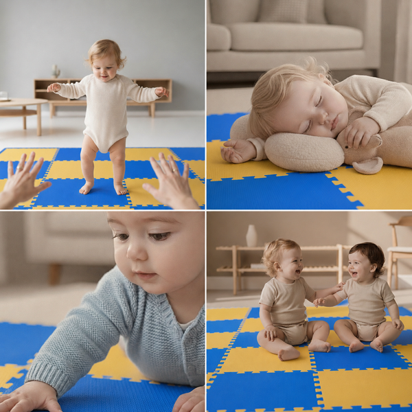 Kleinkinder spielen auf einer zusammensteckbaren Schaumstoffspielmatte mit quadratischem Muster in Wohnumgebung.