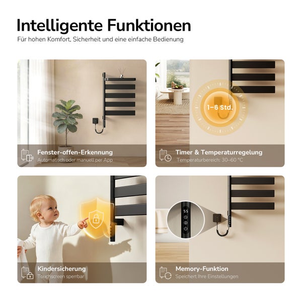 Intelligente Funktionen eines schwarzen elektrischen Handtuchheizkörpers: Fenster-offen-Erkennung, Timer, Kindersicherung und Memory-Funktion.