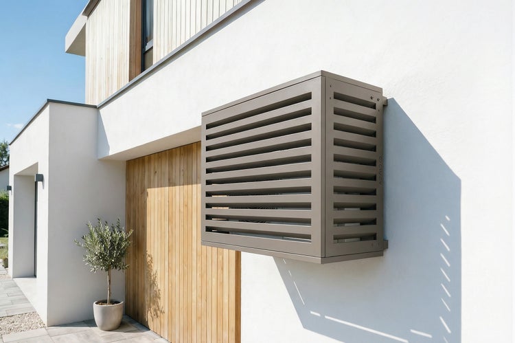 An der Fassade montierte Klimaanlagenverkleidung mit horizontalen Lamellen