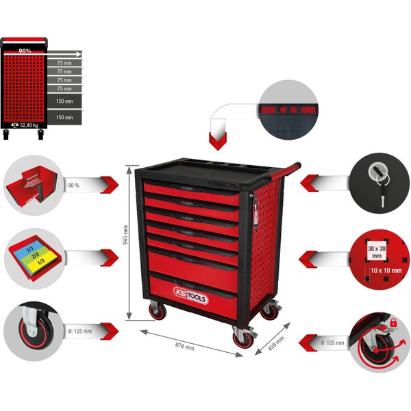 Werkzeugwagen mit Schubladen und Abmessungsangaben