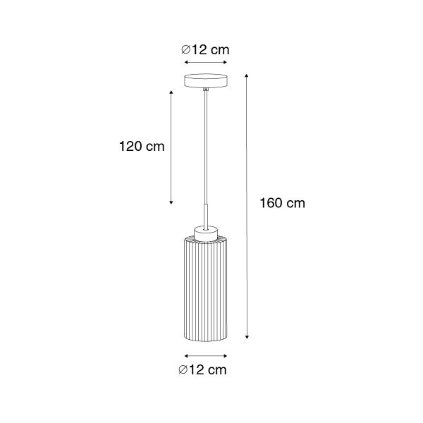 Technische Zeichnung einer Pendelleuchte mit den Maßen: Durchmesser oben 12 cm, Höhe 120 cm, Gesamthöhe 160 cm und Durchmesser unten 12 cm.
