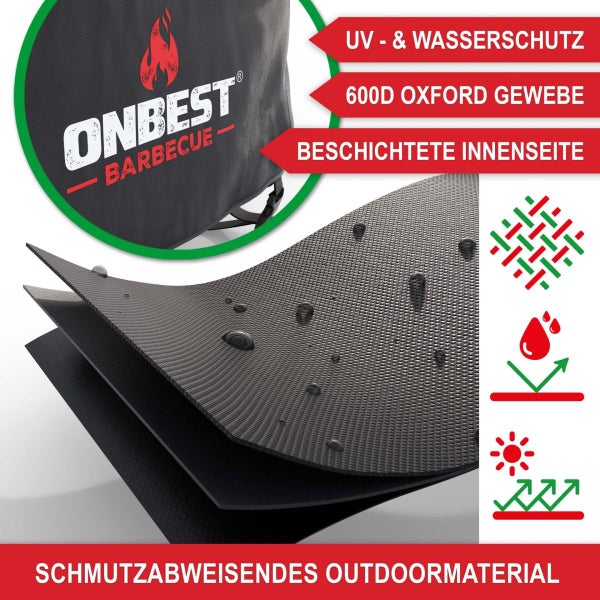 Onbest Barbecue Logo. 600D Oxford Gewebe mit UV-Schutz, Wasserschutz und beschichteter Innenseite. Schmutzabweisendes Outdoormaterial.