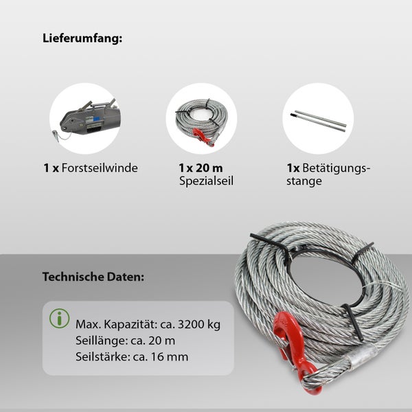 Forstseilwinde mit 20 Meter Spezialseil und Betätigungsstange