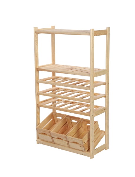 PROREGAL Getränkekisten- & Weinregal SPREEWALD HxBxT 124x70x33cm 18 Flaschen auf 3 Ebenen + 1 Ebene für Kisten + 2 Ablagen Massives Kiefernholz Natur