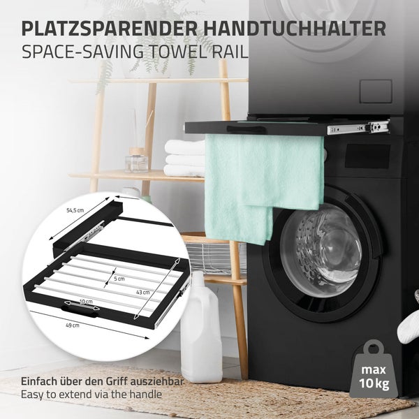 ML-Design Zwischenbaurahmen mit Wäscheleine Stahl 60,5x54,5cm Schwarz, Waschmaschine/Trockner Verbindungsrahmen Zwischenbausatz mit ausziehbarer Handtuchhalter Trocknersäule Zwischenrahmen Universal