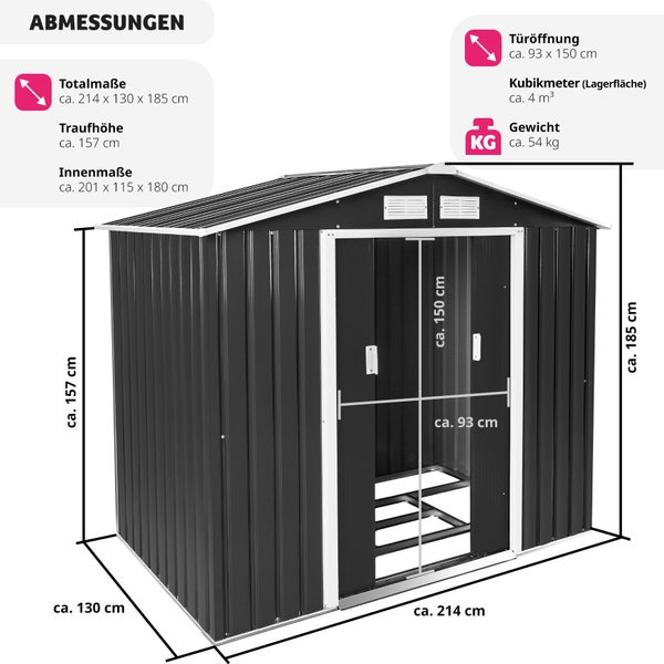 Abmessungen eines Gerätehauses mit Größenangaben