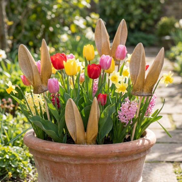 Terrakotta Pflanztopf mit buntem Frühlingsblüher Arrangement aus Tulpen, Narzissen und Hyazinthen, verziert mit dekorativen Hasenohren aus Metall.