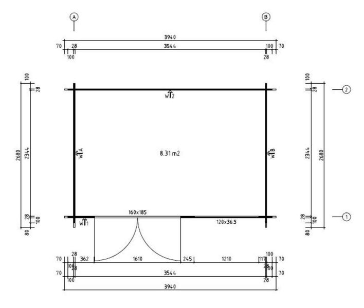 Grundrisszeichnung eines Gartenhauses mit Maßangaben