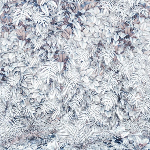 Illustration einer Pflanzenwand mit Farnen und tropischen Blättern