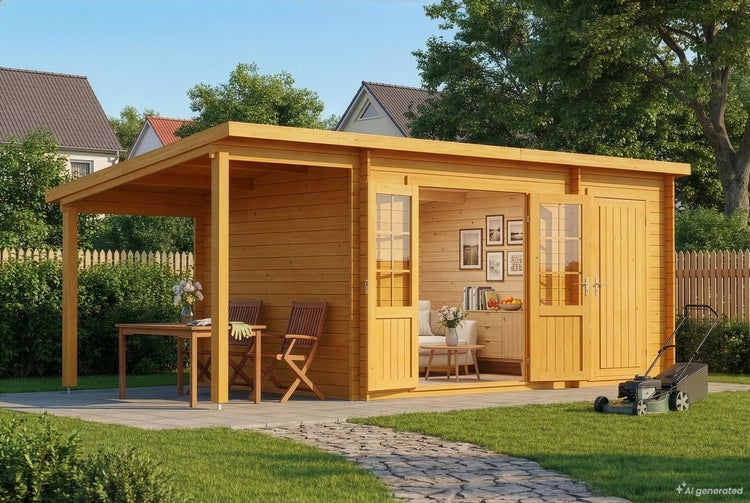 Holzgartenhaus mit integriertem Schleppdach und Terrasse, ideal als Gartenlounge oder Gartenbüro im Garten mit Rasen und Gartenmöbeln.
