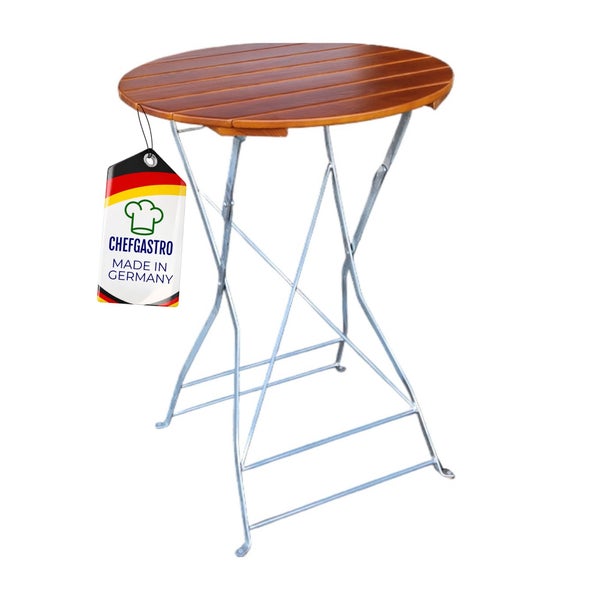 Runder Stehtisch mit Tischplatte aus Holzlatten und klappbarem Metallgestell. Chefgastro Logo, Hergestellt in Deutschland.