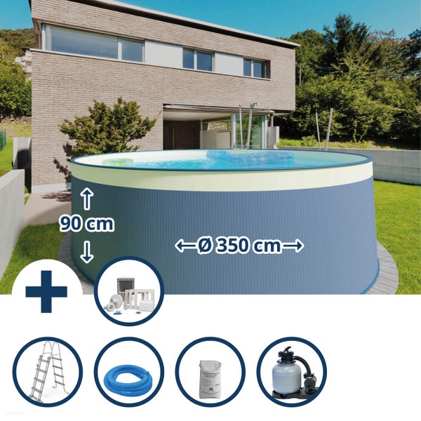 Rundpool mit den Maßen 350 cm Durchmesser und 90 cm Höhe sowie Zubehör