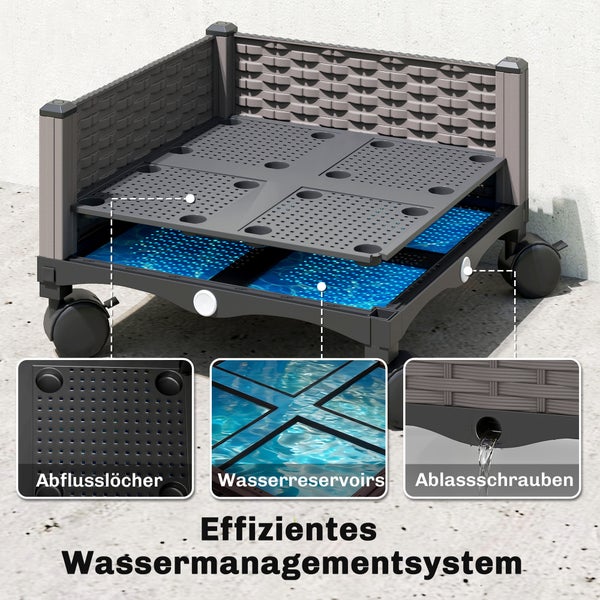 Hochbeet mit Wassermanagementsystem, Abflusslöchern, Wasserreservoirs und Ablassschrauben auf Rollen.