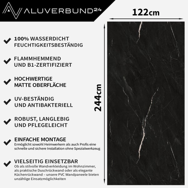 Aluverbund24 Logo. Wandpaneel mit den Maßen 122 mal 244 Zentimeter, wasserdicht, feuchtigkeitsbeständig, schwer entflammbar, B1-zertifiziert, matte Oberfläche, UV-beständig, antibakteriell, robust, langlebig, pflegeleicht, einfache Montage und vielseitig einsetzbar.