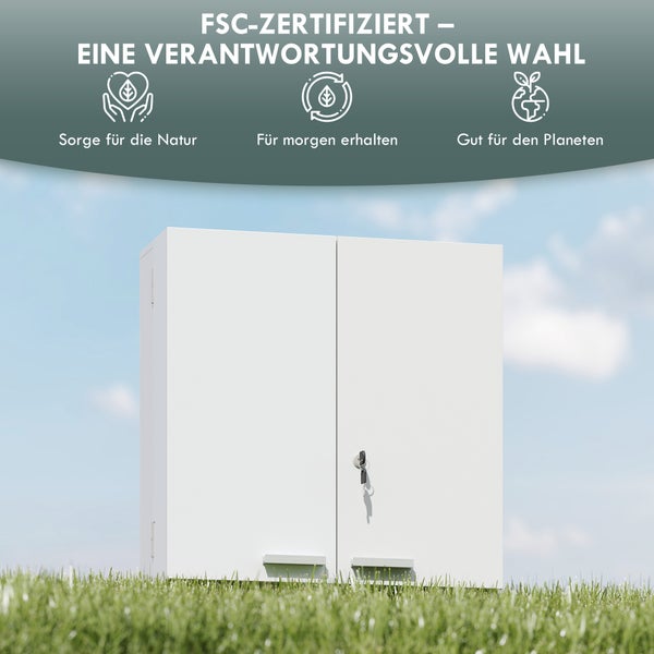 FSC-zertifizierter weißer Wandschrank mit zwei Türen und Schloss inklusive Schlüssel.