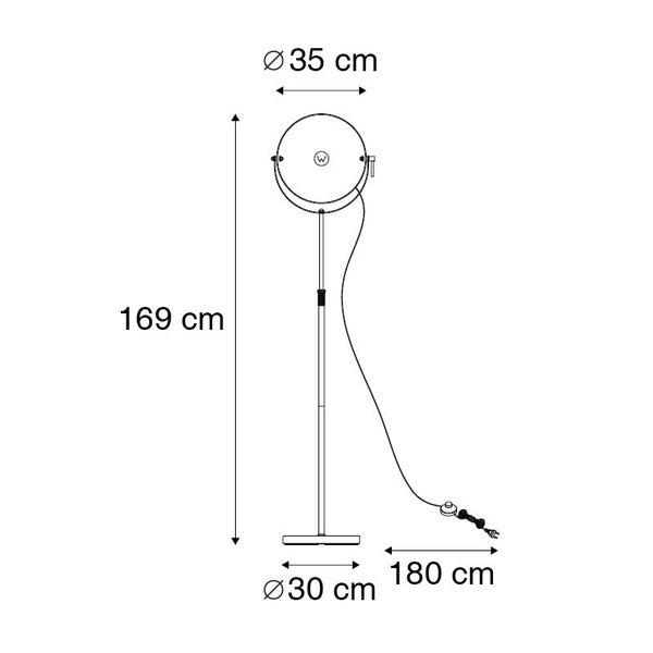 Technische Zeichnung einer Stehlampe mit den Maßen Durchmesser 35 cm (Lampenschirm), Höhe 169 cm, Durchmesser 30 cm (Fuß) und Kabellänge 180 cm.
