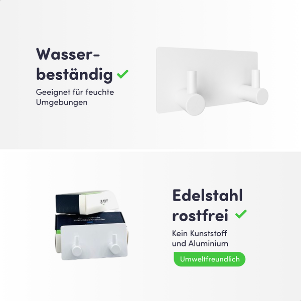 Wasserbeständiger Doppelhaken aus rostfreiem Edelstahl für feuchte Umgebungen, umweltfreundlich ohne Kunststoff und Aluminium, EAVY Logo.