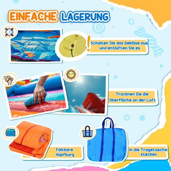 Outsunny Aufblasbare Hüpfburg mit Rutsche für 4 Kinder Burg Springburg mit Gebläse Spielburg Spielhaus für 3-8 Jahre Raketenmuster Oxford-, Polyester-Gewebe Mehrfarbig 350 x 250 x 185 cm