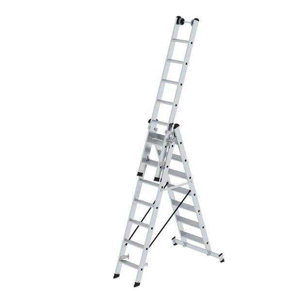 MUNK Stufen- Mehrzweckleiter mit Wandlaufrollen und Nivello® Traverse 3x7 Stufen