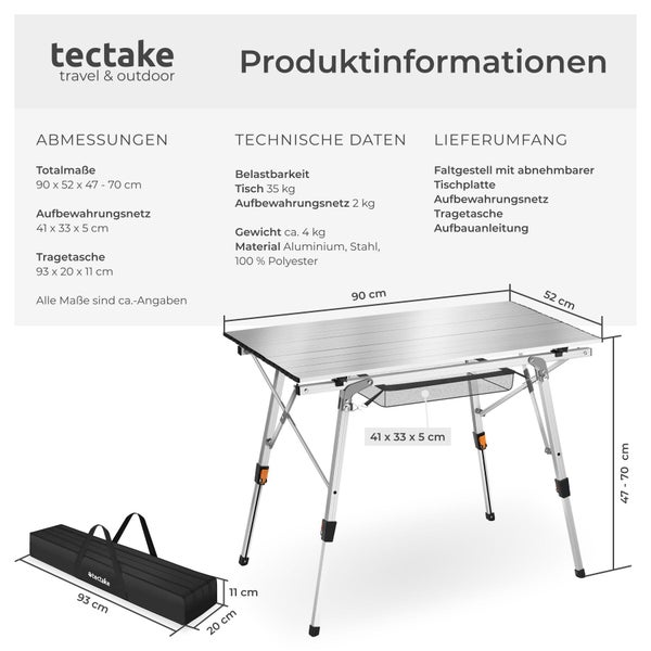 tectake travel & outdoor Logo. Campingtisch mit Maßen 90 mal 52 mal 47 bis 70 Zentimeter, Tragetasche, Aufbewahrungsnetz und technischen Daten.