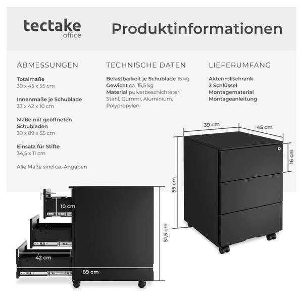 Produktinformationen zum Aktenrollschrank von tectake office mit Abmessungen und technischen Daten.
