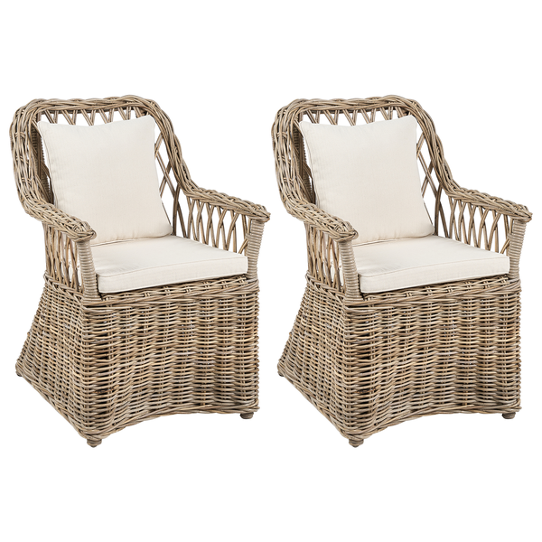 Gartensessel Rattan natürlich 2er Set Auflagen hellbeige MAROS II