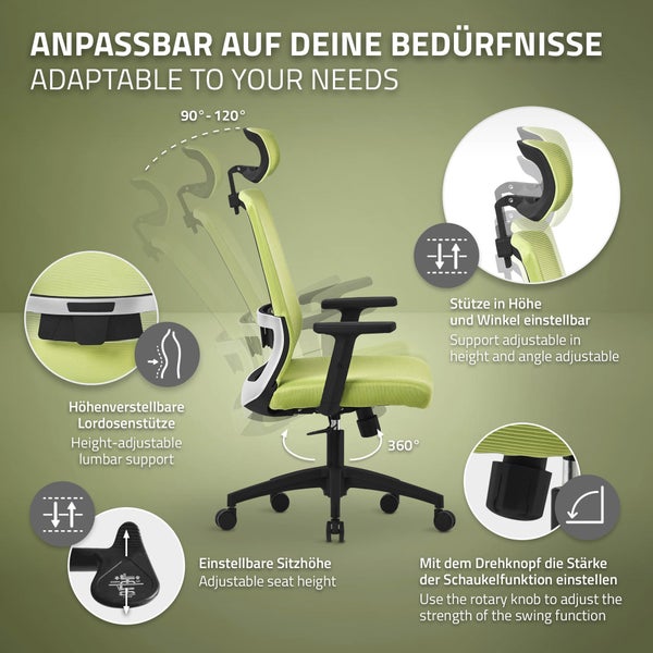 ML-Design Bürostuhl ergonomisch, Grün, Mesh, Schreibtischstuhl mit Verstellbarer Kopfstütze, Armlehnen, Lendenwirbelstütze, Wippfunktion, Drehstuhl mit Rollen, Computerstuhl Chefsessel Gaming Stuhl