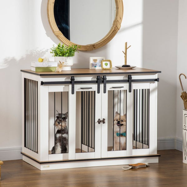 PawHut Hundekäfig, Hundehütte mit Zweiraum-Option, Haustierkäfig mit Doppeltüren, Hundebox, Hundehaus für Mittelegroße Hunde, 120 x 60 x 88,5 cm, Weiß