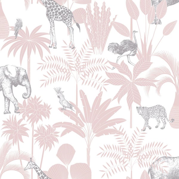 Tapete mit Safari-Motiv, Dschungeltiere wie Giraffe, Elefant und Leopard zwischen Palmen und tropischen Blättern.