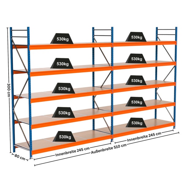 Regal mit fünf Ebenen, einer Höhe von 300 cm, einer Tiefe von 80 cm und einer maximalen Belastbarkeit von 530 Kilogramm pro Ebene