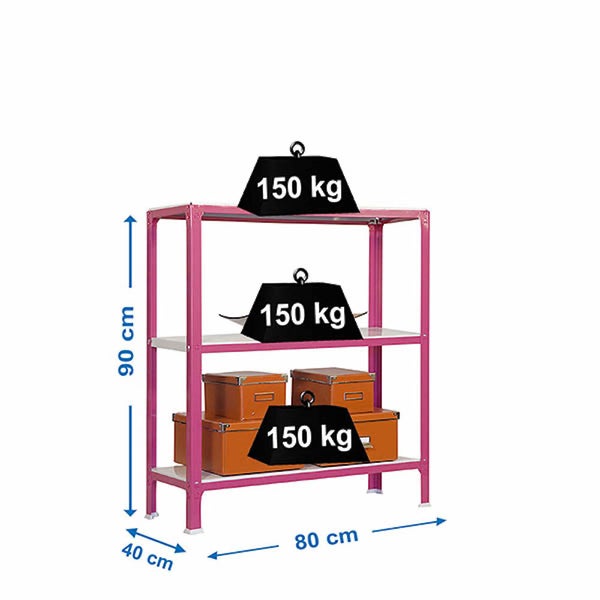Metallregal in Pink mit 3 Fachböden, Traglast 150 kg pro Boden, Maße 90 x 80 x 40 cm.