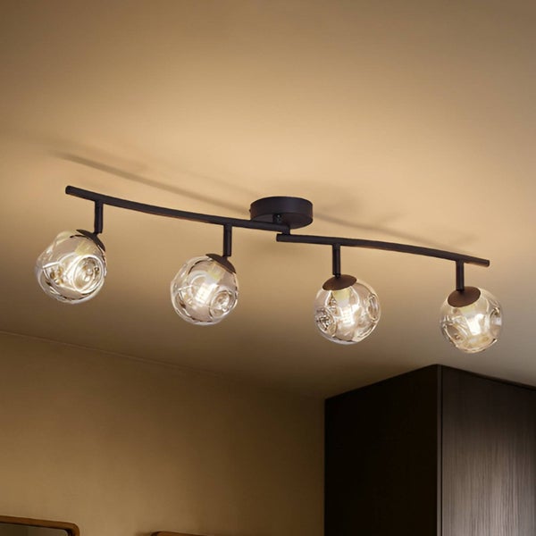 Deckenleuchte mit vier Klarglas-Leuchten und gebogener Halterung