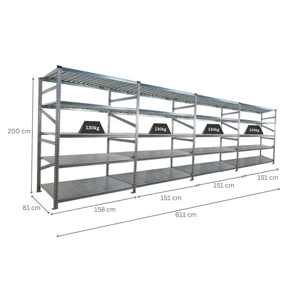 Metallregal mit vier Ebenen und den Maßen 200 cm Höhe, 81 cm Tiefe und 611 cm Breite