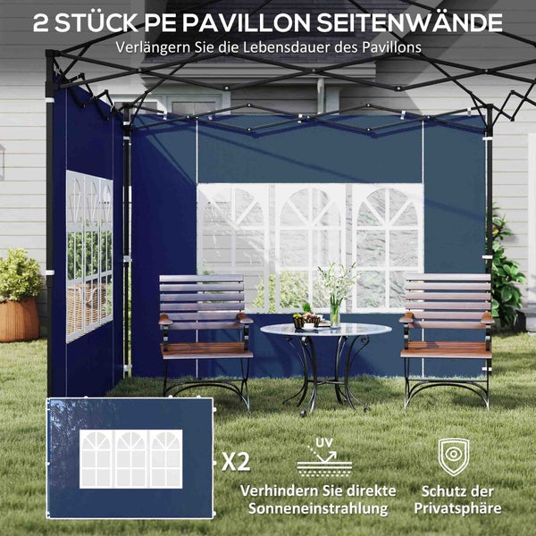 Zwei Polyethylen-Pavillon-Seitenwände mit Fenstern, Ultraviolett-Schutz und Sichtschutz in einem Garten mit Sitzgruppe.
