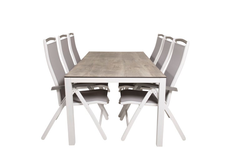 Llama Gartenset Tisch 100x205cm und 6 Stühle 5pos Albany weiß, grau, cremefarben. 100 X 205 X 75 cm