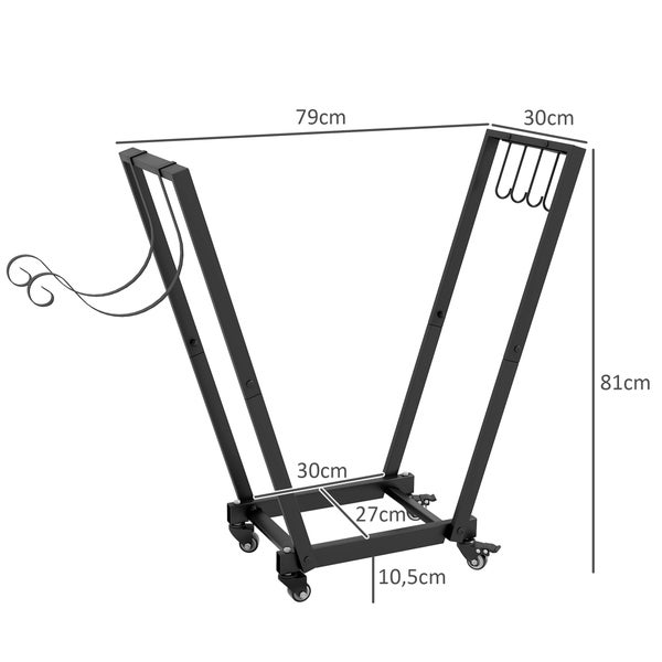 Outsunny Kaminholzregal, mit Rollen, Anzündholz- und Werkzeughaken, Feuerholzregal für Garten, Terrasse, 79 x 30 x 81 cm , Metall, Schwarz