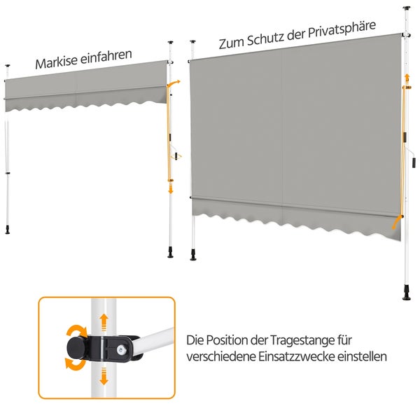 Ausgefahrene Markise und Sichtschutz mit verstellbarer Tragestange