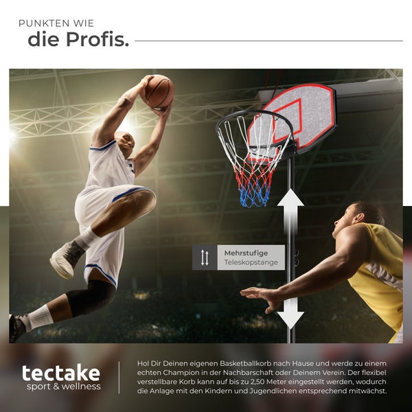 Basketballkorb mit höhenverstellbarer Teleskopstange im Einsatz.