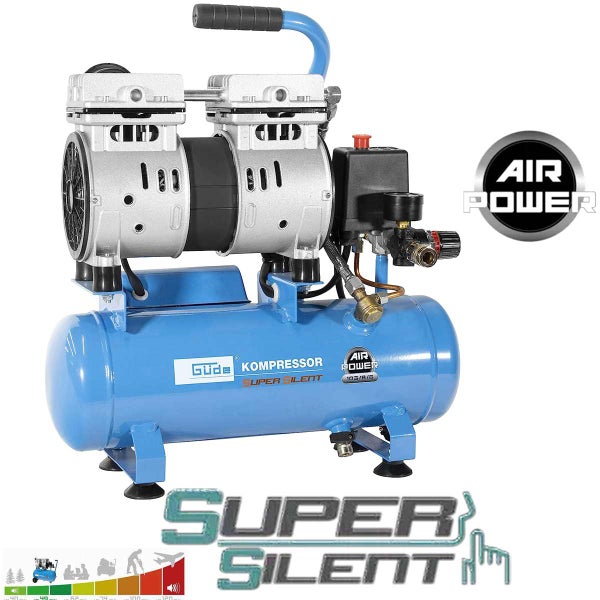Güde Kompressor Super Silent 105/8/6 mit Tragegriff, elektrischem Motor, Güde Logo, Air Power Logo und niedrigem Geräuschpegel.