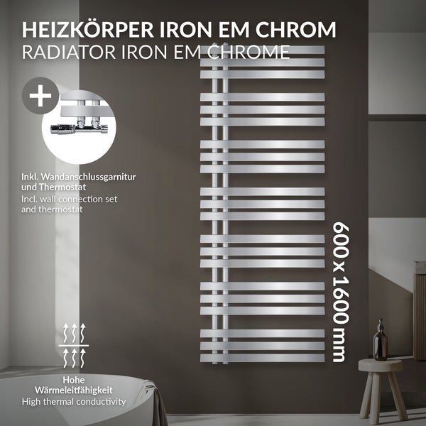 LuxeBath Badheizkörper IronEM 600x1600 mm Chrom Mittelanschluss mit Anschlussgarnitur und Thermostat Eck Wandanschluss, Design Heizkörper Bad Heizung Handtuchwärmer Handtuchtrockner Handtuchheizkörper