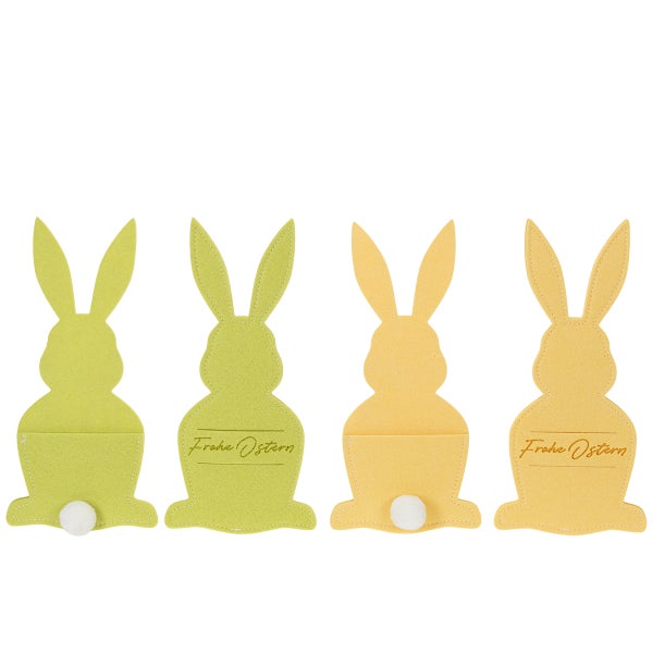 Vier Osterhasen aus Filz mit kleinem Fach und der Aufschrift Frohe Ostern.
