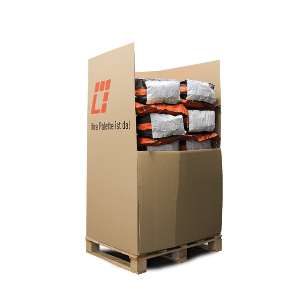 Gestapelte Säcke in einem Karton auf einer Holzpalette mit Hornbach Logo und Aufschrift Ihre Palette ist da.