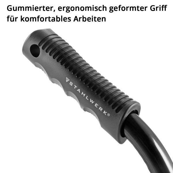 Gummierter, ergonomisch geformter Griff mit Stahlwerk Logo, Riffelung und Griffmulden für komfortables Arbeiten.