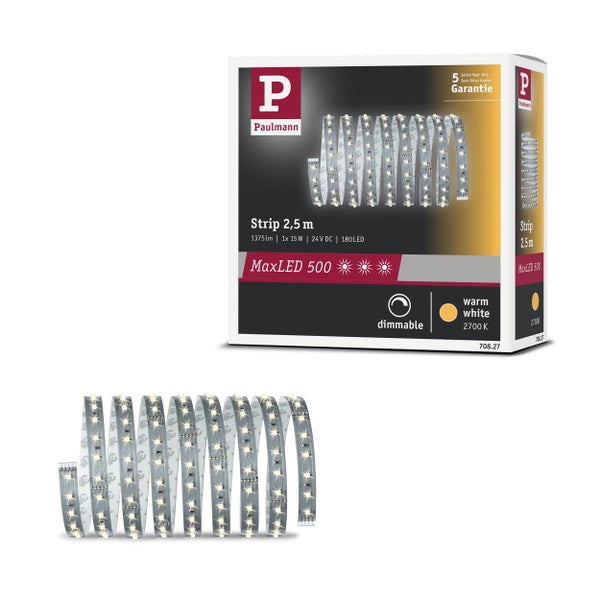 LED Streifen Set 250 Zentimeter zur Innenbeleuchtung mit 550 Lumen pro Meter, dimmbar mit Zubehör, 30000 Stunden Lebensdauer, 5 Jahre Garantie.