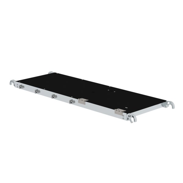 Schwarze Gerüstplattform aus Aluminium mit rutschhemmender Oberfläche und Einhängehaken.