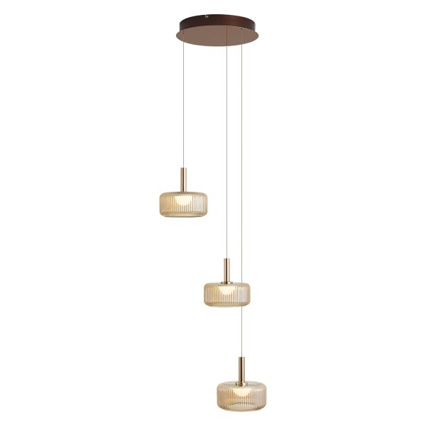 Moderne dreiflammige Pendelleuchte mit gerippten Glasschirmen an runder Deckenbefestigung für eine stilvolle Innenbeleuchtung.